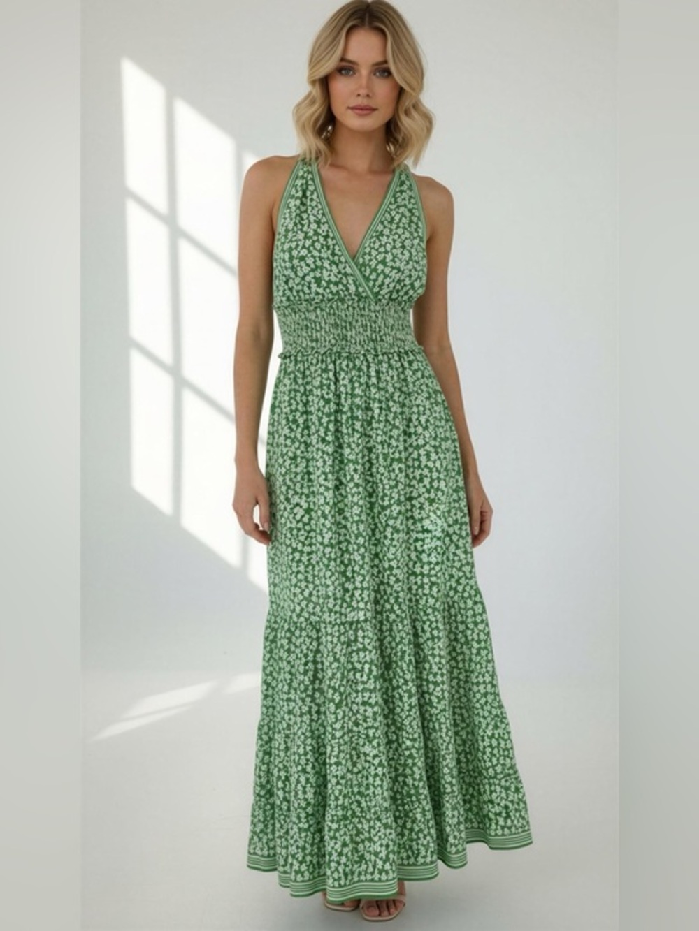 Max Studio Green Floral V-Neck Smocked Maxi Dress